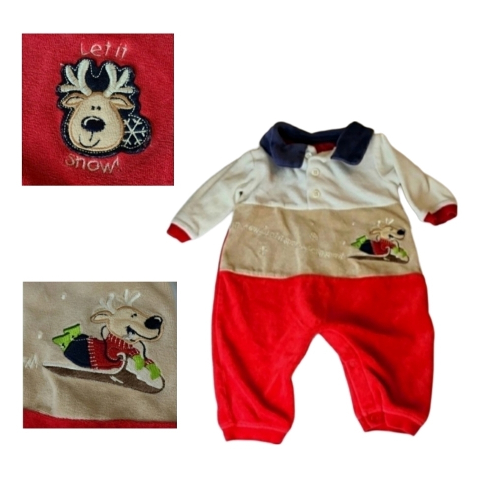 Vintage Winter Fleece Jumpsuit Outfit Reindeer Snow Red Tan, 3-6 Months Baby
